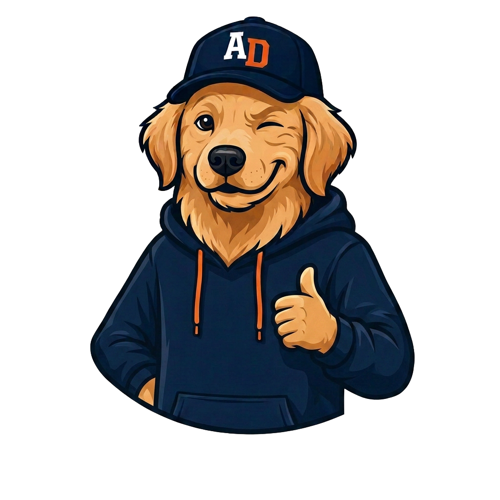 Ace the golden retriever mascot winking and giving a thumbs-up